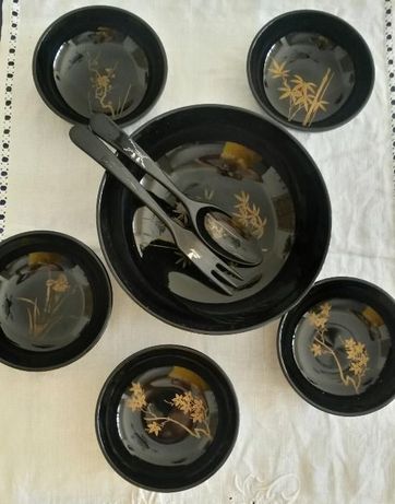 Conjunto Vintage de Saladeira+Taças+Talheres em Laca