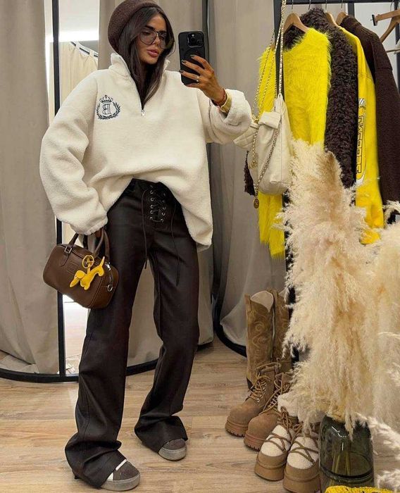 Жіночі штани  палацо з еко шкіри на шнуровці шоколад та чорні