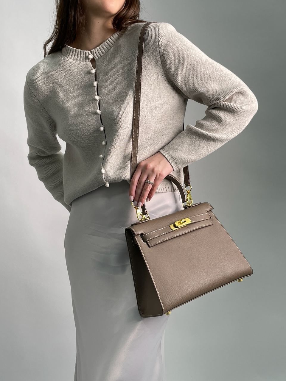 Сумка жіноча Hermes Kelly 25 Grey/Gold