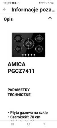 PŁYTA Gazowa Amica Szkło