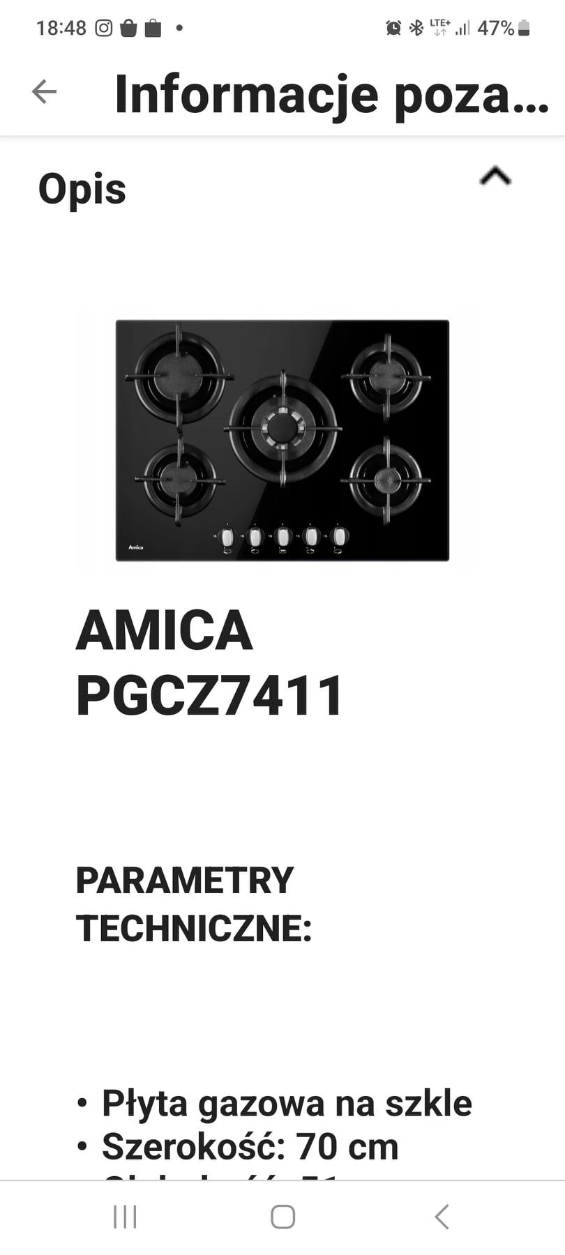 PŁYTA Gazowa Amica Szkło