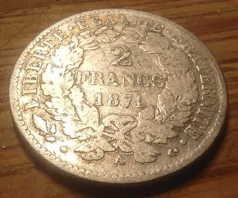 Moneta srebrna Francja 2 franki 1871 typ A srebro ag