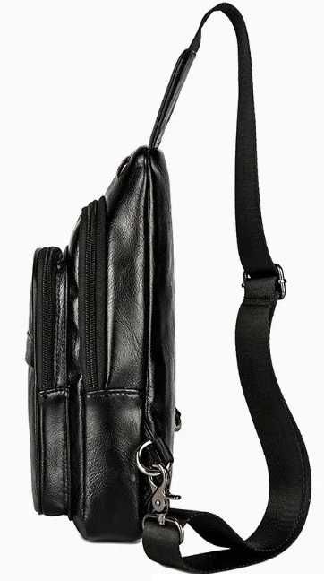 Чоловіча мужская черная кожаная сумка бананка слинг на груди барсетка