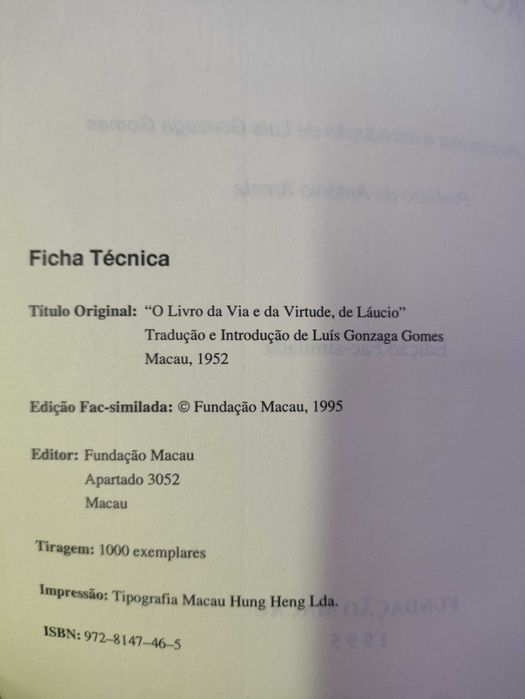 O Livro da Via e da Virtude de Lao Tse Ed. Fac-similada Fundaçao Macau