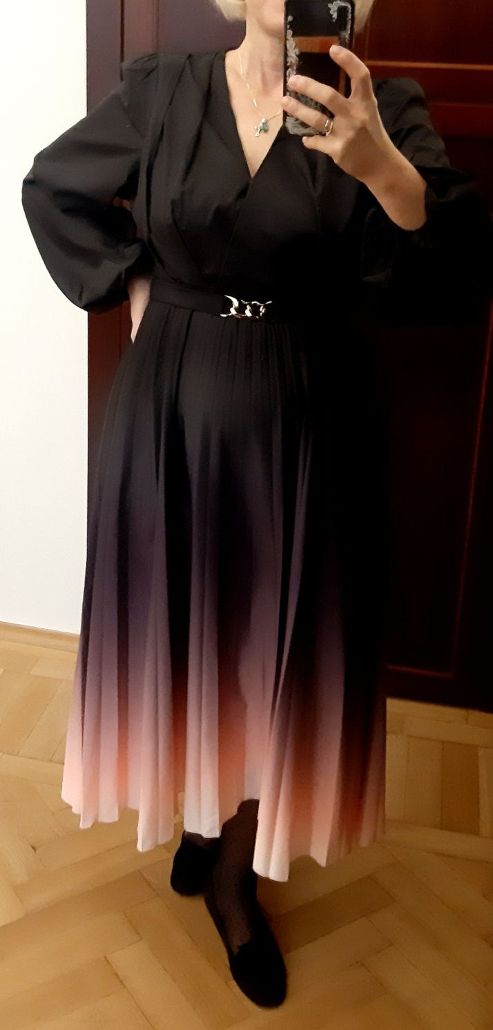 SHEIN Clasi Elegancka Damska Sukienka Midi litera A Ombre  r.44