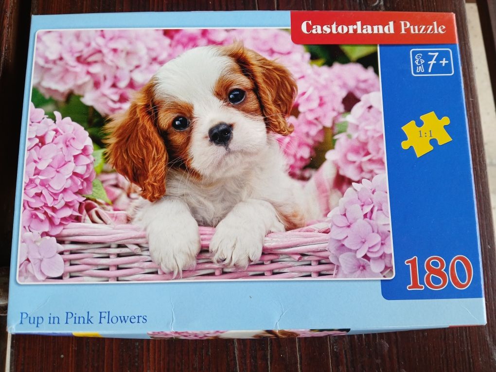 Puzzle Piesek w różowych kwiatach.