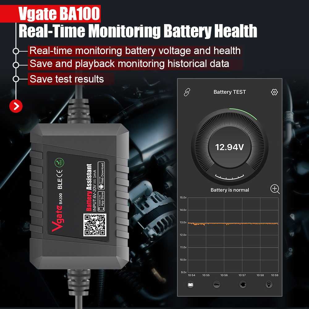 Miernik tester akumulatorów samochodowych Vgate BA100 12V Bluetooth