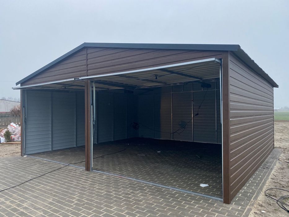 Garaż blaszany 6x5.8, drewnopodobny, orzech, amtracyt. PRODUCENT.