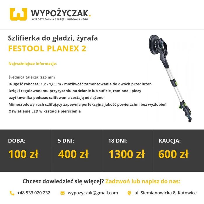 Żyrafa/szlifierka do gładzi/gipsu + odkurzacz Festool/Mirka - WYNAJEM