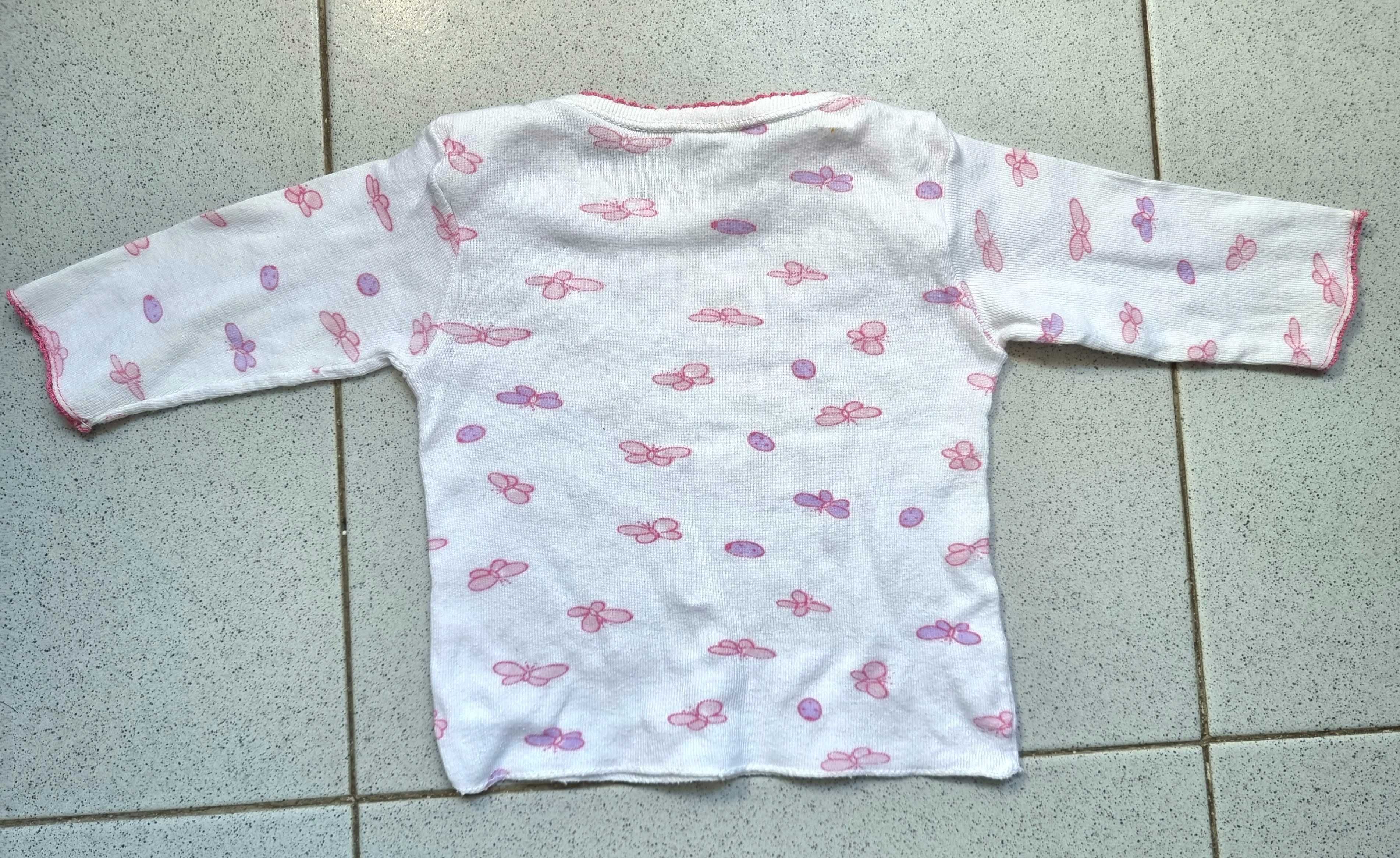 Camisola branca com borboletas rosa 100% algodão, 3 meses