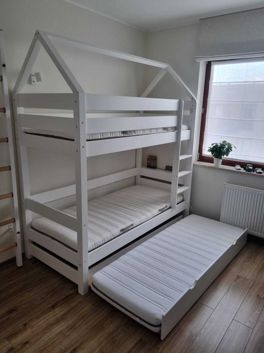 Łóżko dziecięce piętrowe 3-osobowe + stelaże + materace Ikea Malvik