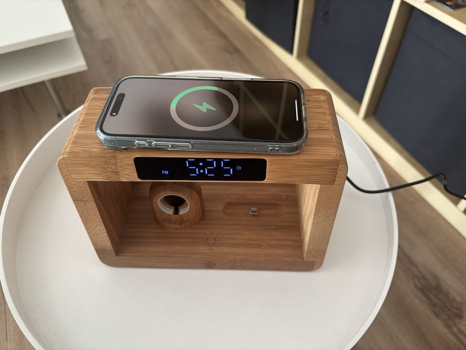 Candeeiro c/ carregador wireless bamboo 5 em 1