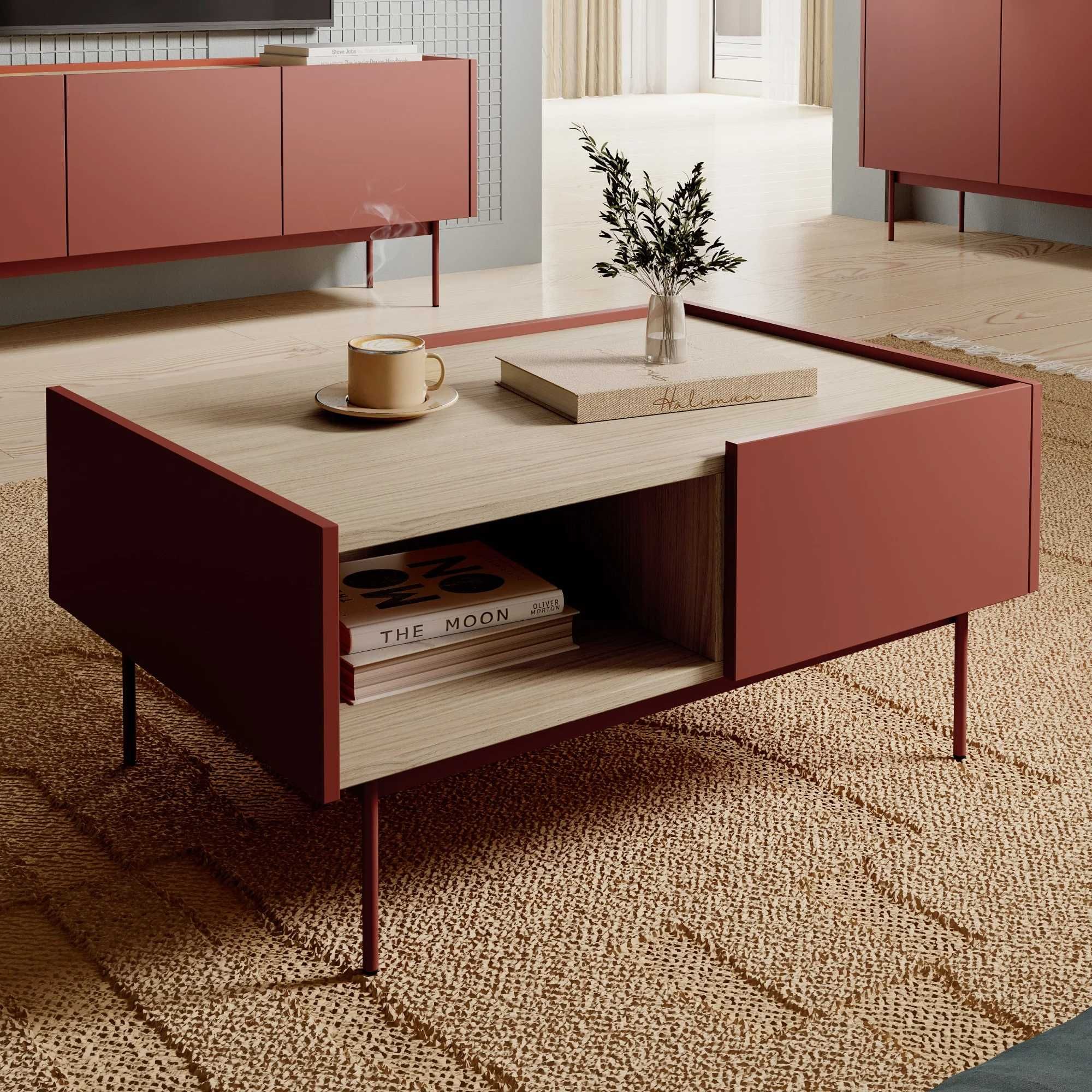 zz1401 - Stolik kawowy z szufladami Color ceglasty, dąb linea