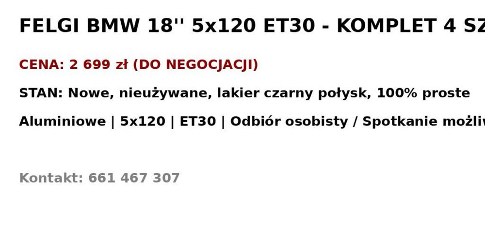 Felgi aluminiowe BMW 18” 5x120 ET30 czarne połysk - komplet 4 sztuk