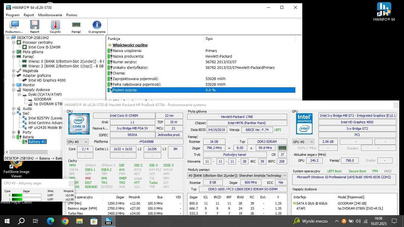 Laptop HP ProBook 6570b/15.6"/i5-3340M-3.4GHz/16GB/SSD240/3G/Win10 Pro