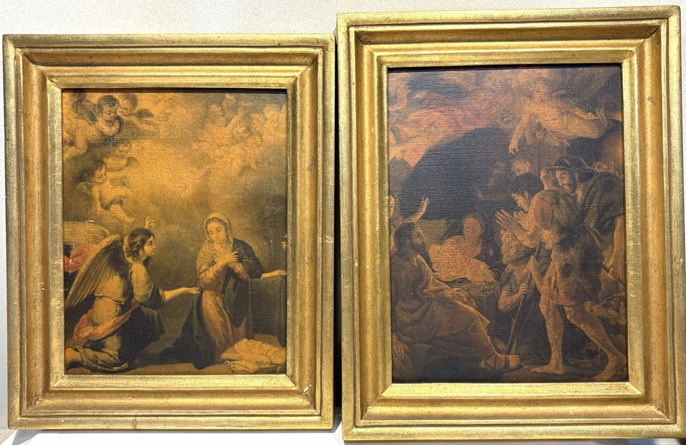 Conjunto de 2 antigos quadros com reproduções de  imagens religiosas