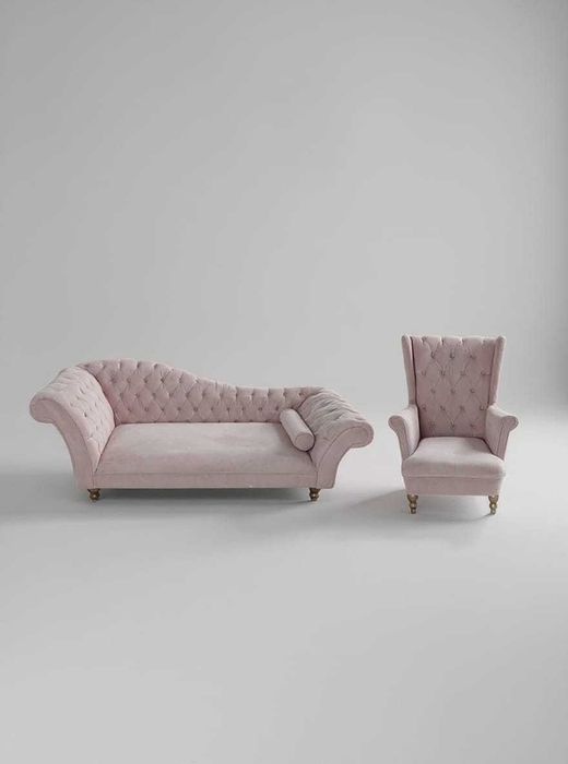 Różowy zestaw wypoczynkowy glamour – sofa szezlong + uszak pudrowy róż