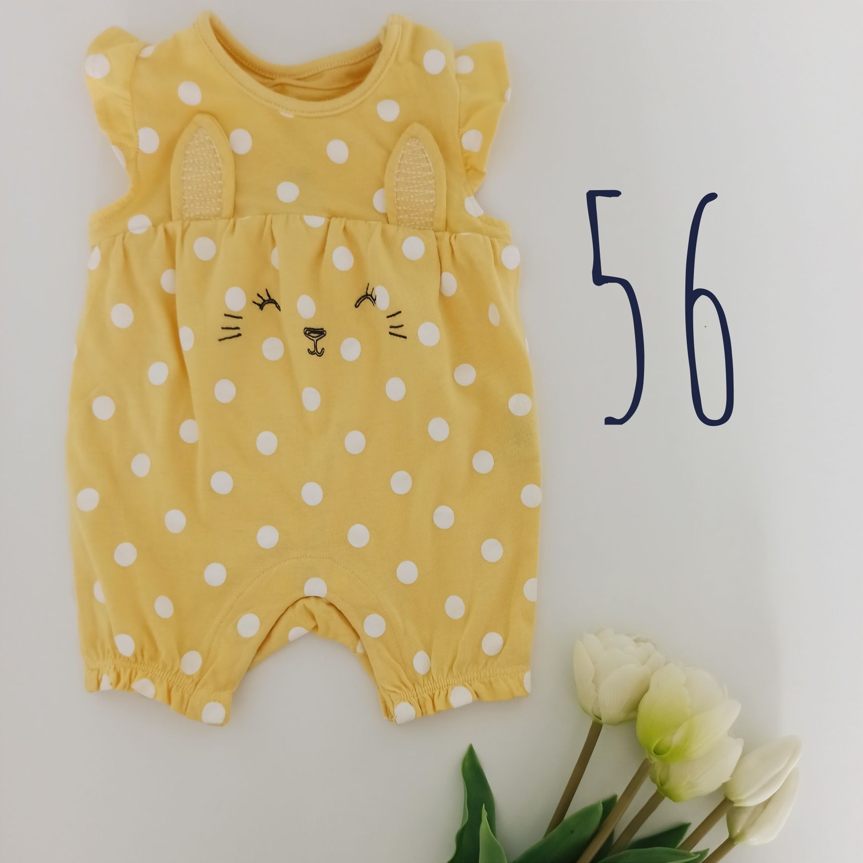 Nowy bawełniany niemowlęcy rampers 56 newborn F&F żółty w białe grochy