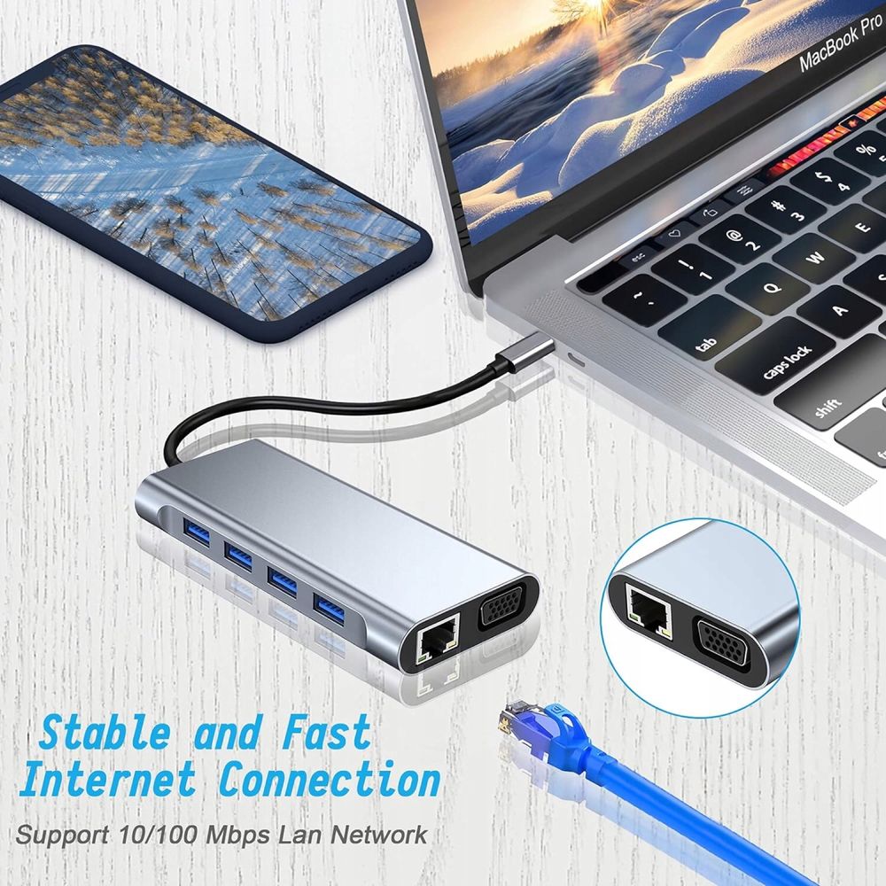 HUB USB-C z 4K HDMI, VGA, USB 3.0, Ether SD/TF, AUX 3,5mm