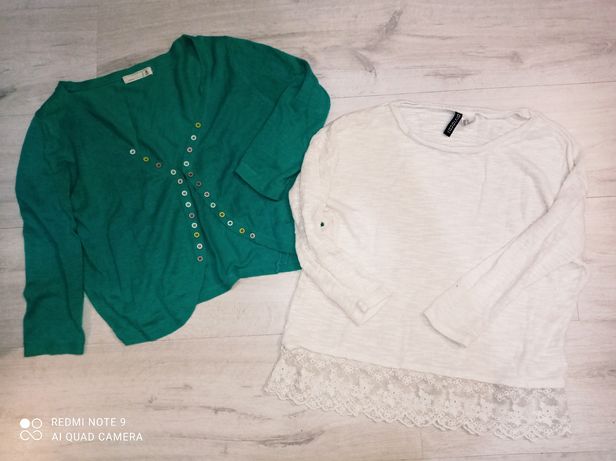 Dwa sweterki, biały sweterek i zielona narzutka H&M r.S