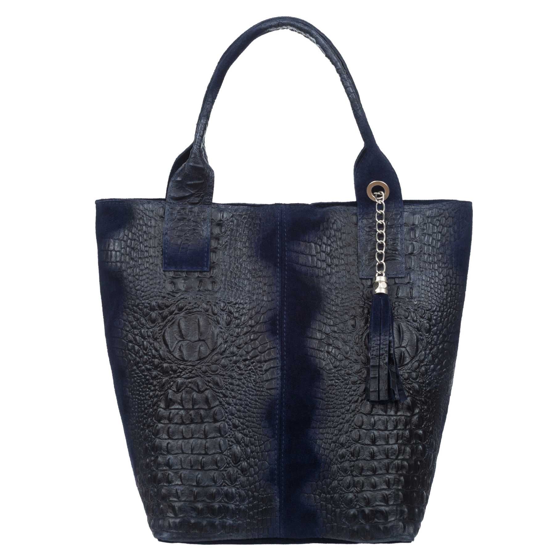 VERA PELLE torebka zamszowa shopper kroko na ramię V141 granatowa