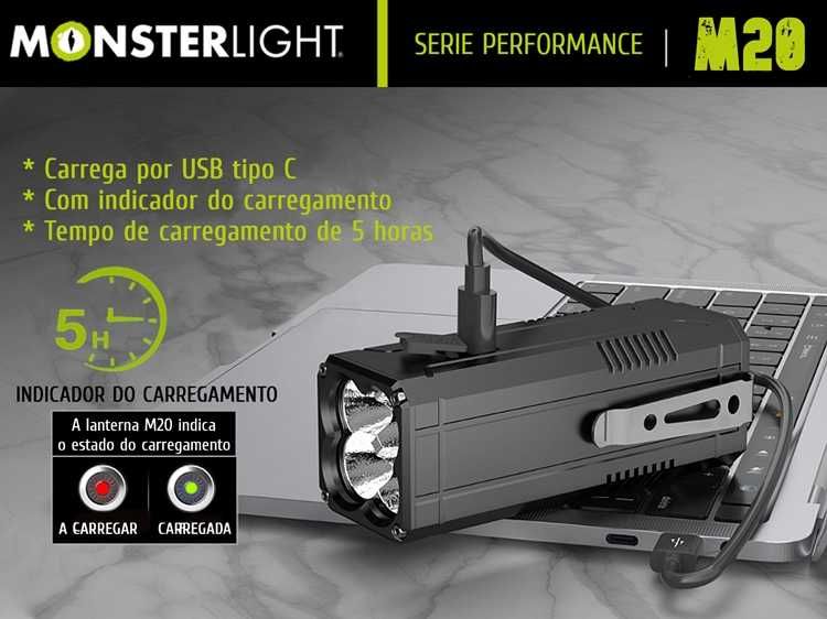 kit lanterna Monsterlight M20 com bateria recarregável