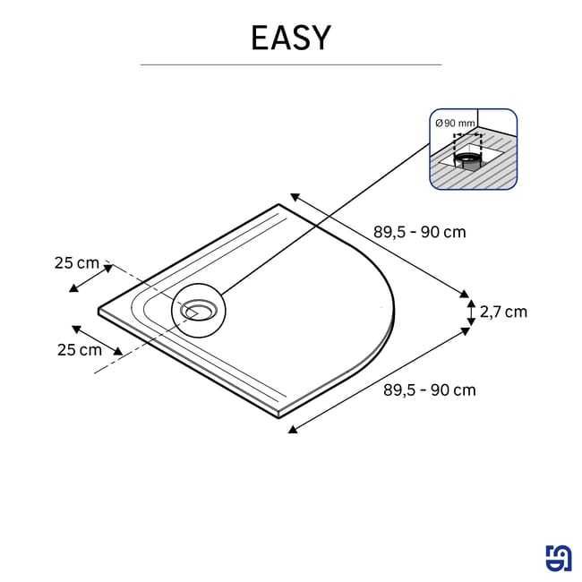 Brodzik do kabiny prysznicowej 1/4 koła 90x90 cm biały Easy Sensea