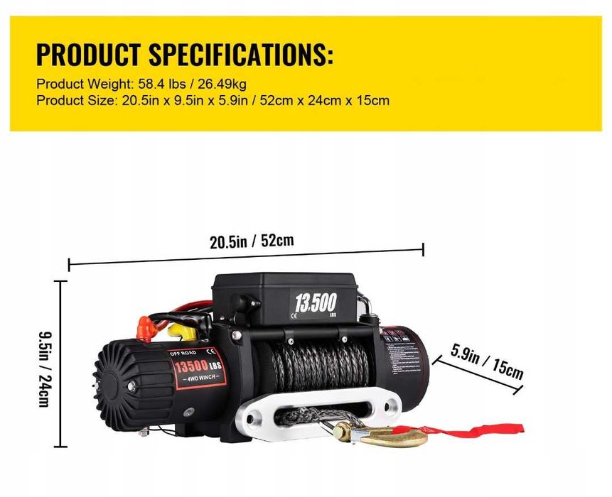 Wyciągarka VEVOR 6.2Tony 13500lbs wodoodporna 27m linia syntetyczna