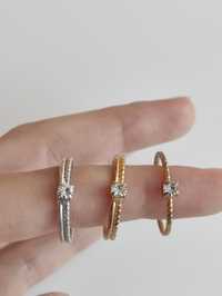 Zestaw 3 pierścionki z cyrkonią eleganckie delikatne złote srebrne