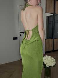 Люрексна зелена сукня коктейльна  максі з відкритою спиною