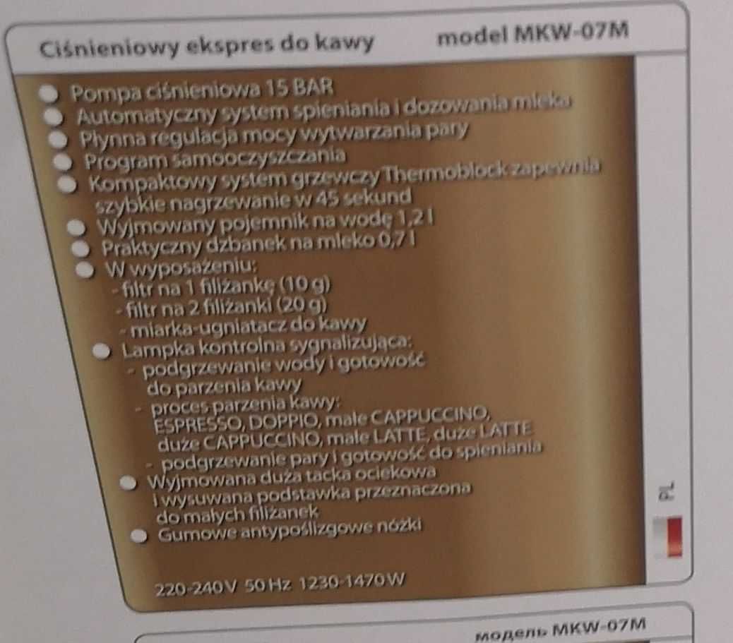 Ciśnieniowy ekspres do kawy MPM MKW-07M NOWY!!!