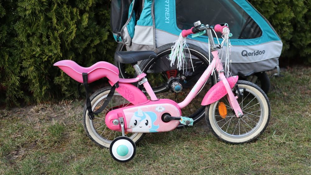 Rower dziecięcy Btwin 14" różowy z bocznymi kolami