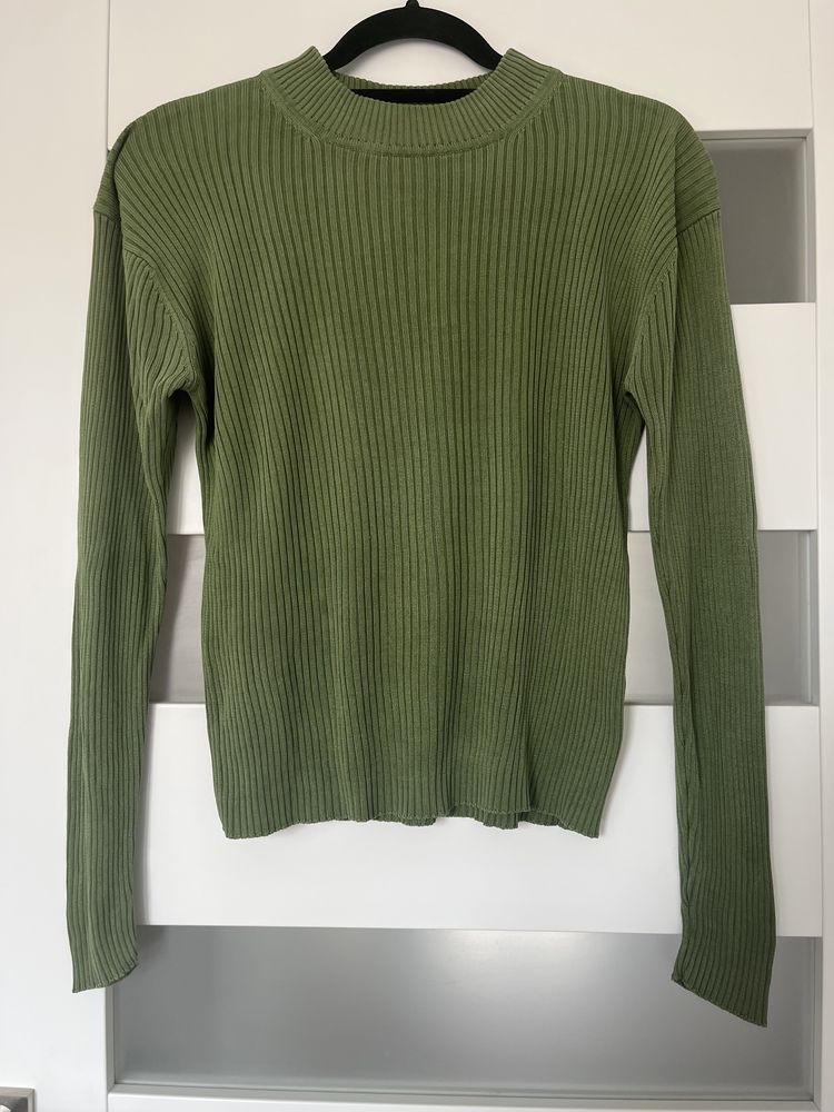 Vintage bluzka sweter 100% jedwab oliwkowa prążki 40 l