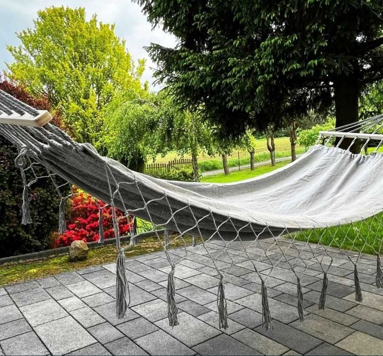 Duży wytrzymały hamak szary nowy boho ogrodowy