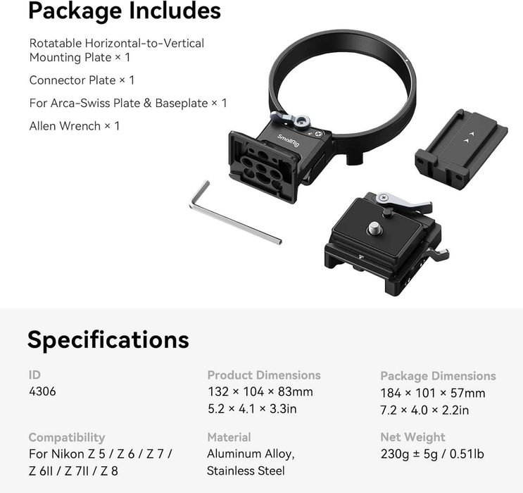 SMALLRIG 4306 Obrotowa płyta montażowa Nikon Z, Arca, płytki MFT RC2