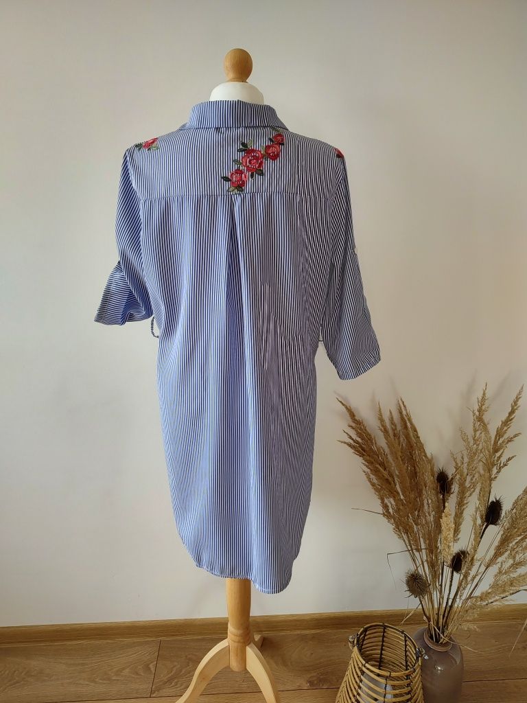 Koszula maxi oversize w paskii kwiatyi bawełna Made in Italy XXL