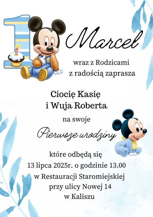 Zaproszenie + winiety Myszka Miki