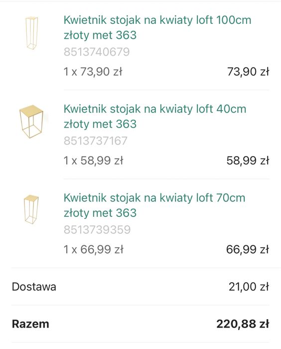 Stojak na kwiaty zloty 3 sztuki : 100cm , 40cm i 70 cm