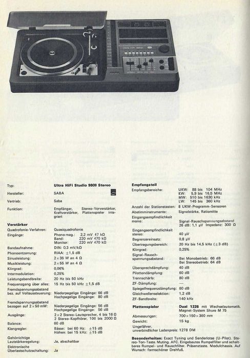 Saba Ultra HiFi 9800 Amplituner Gramofon Dual