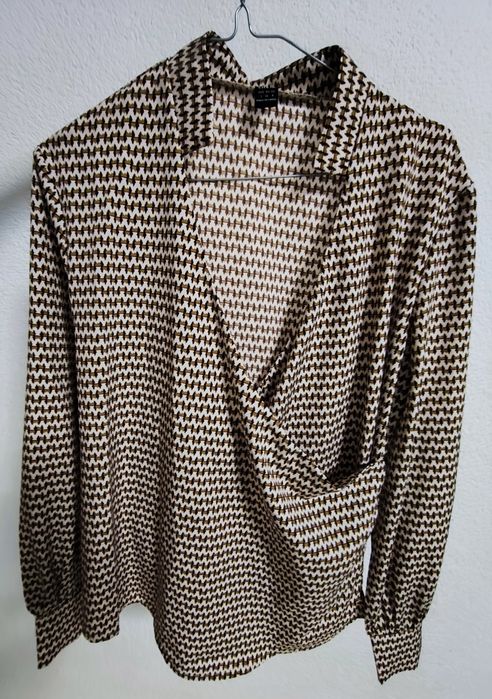 Bluzka damska pepitka brąz biały kopertowy dekolt dł rękaw M