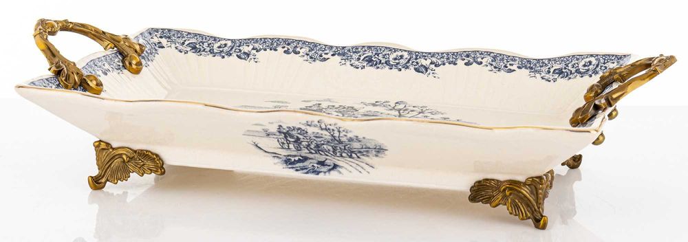 Dekoracyjna Stylowa Taca Misa Ceramiczna Biała Złota Na Nóżkach 182439