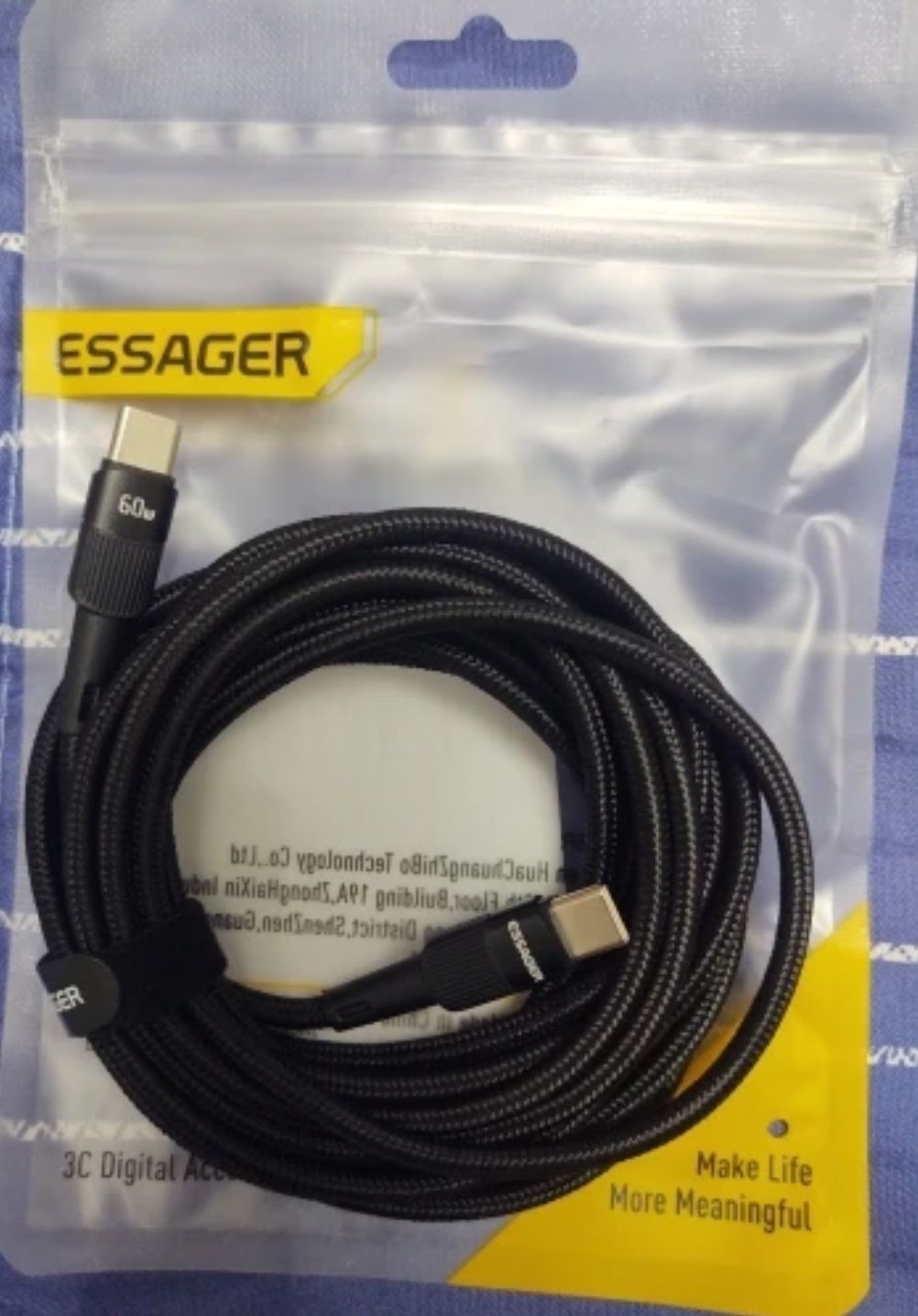 NOWY kabel ESSAGER do szybkiego ładowania USB typ C do C 60W PD