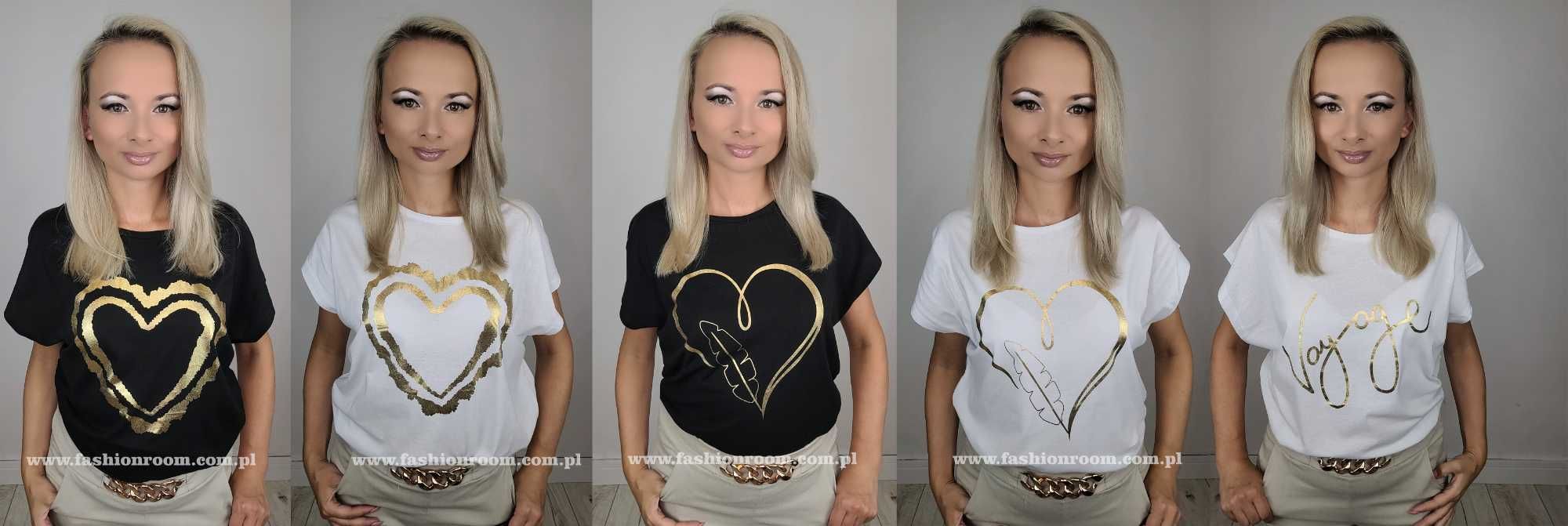 NOWY T-shirt koszulka damska BIAŁA ze złotym zdobieniem roz. 3XL