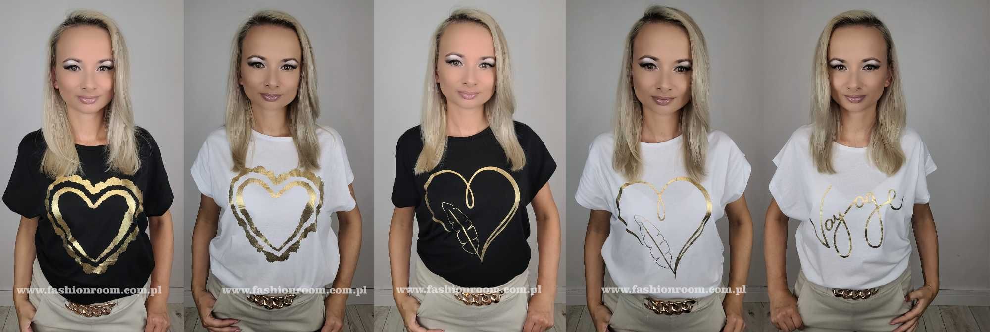 NOWY T-shirt koszulka damska BIAŁA ze złotym zdobieniem roz. 4XL