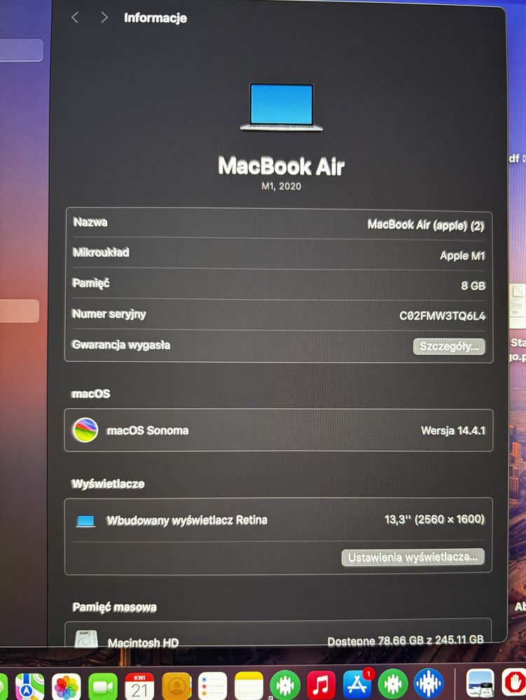 Apple Macbook Air M1 2020 8/256 sonoma 200cykli FR