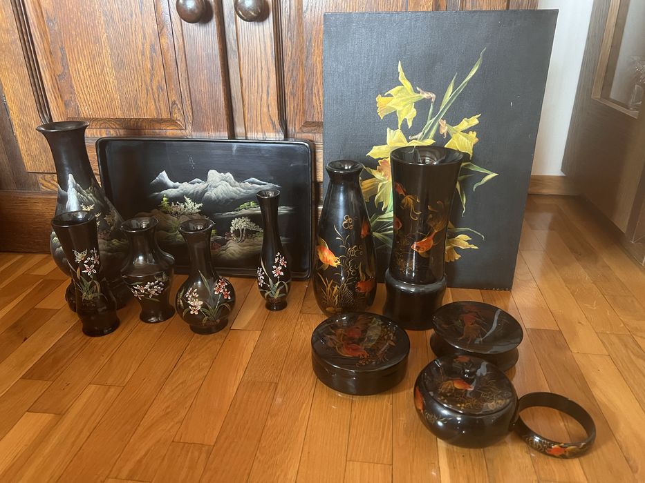 Wazony i pojemniki z chińskiej laki, GRATIS taca i obraz