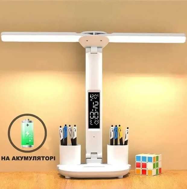 Настольная светодиодная лампа с аккумулятором, часами и термометром