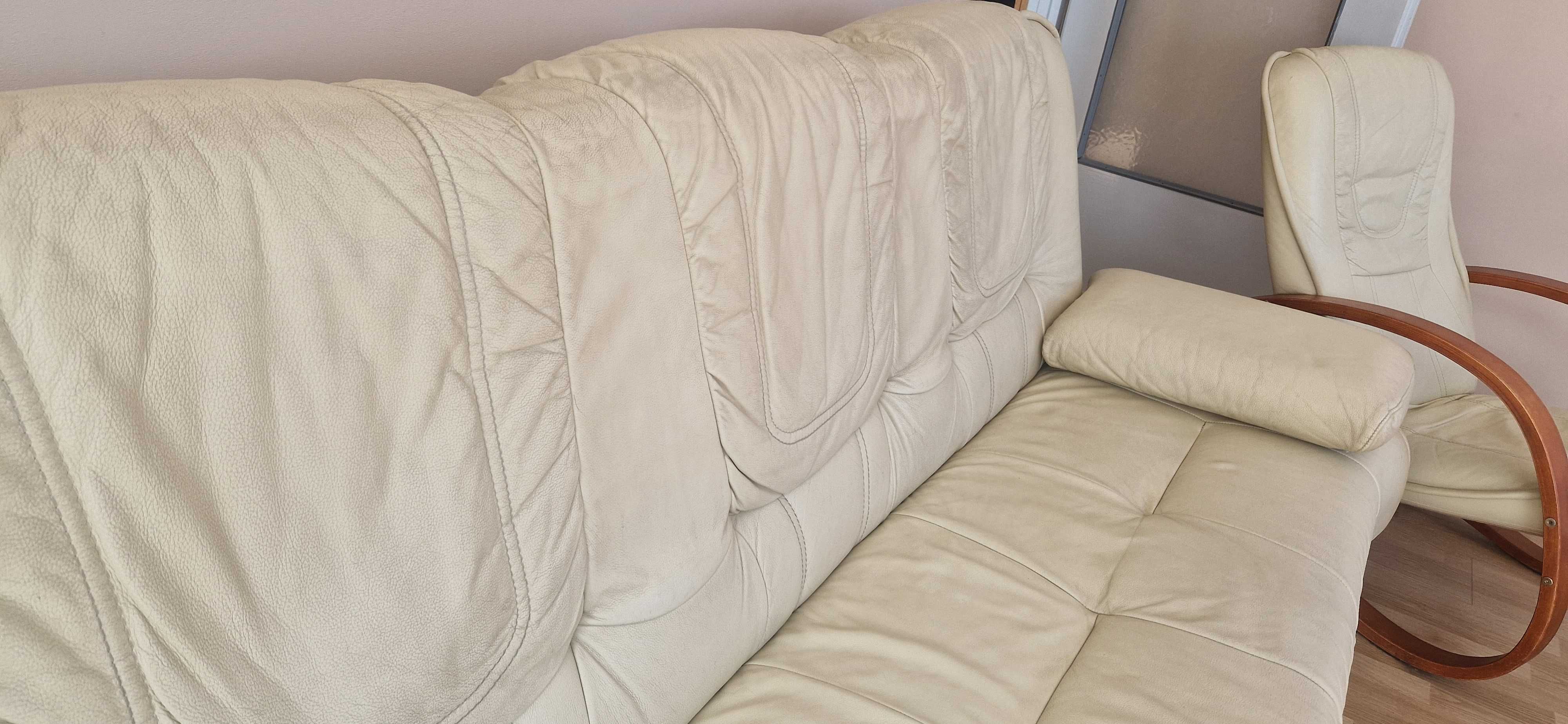 Komplet kremowa Sofa/kanapa z skóry + 2 fotele