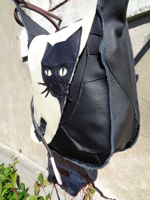 Artystyczna torebka skórzana z kotem. Handmade