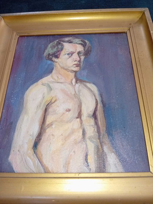 Piękny portret olejny półakt przedwojenny